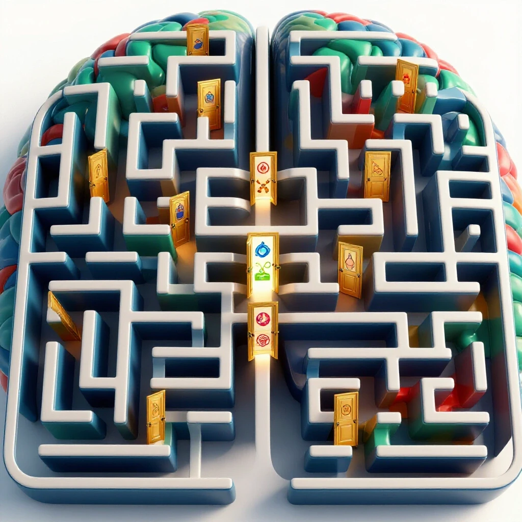 Glossy brain-shaped maze with golden doors revealing hidden career symbols on a bright white background.