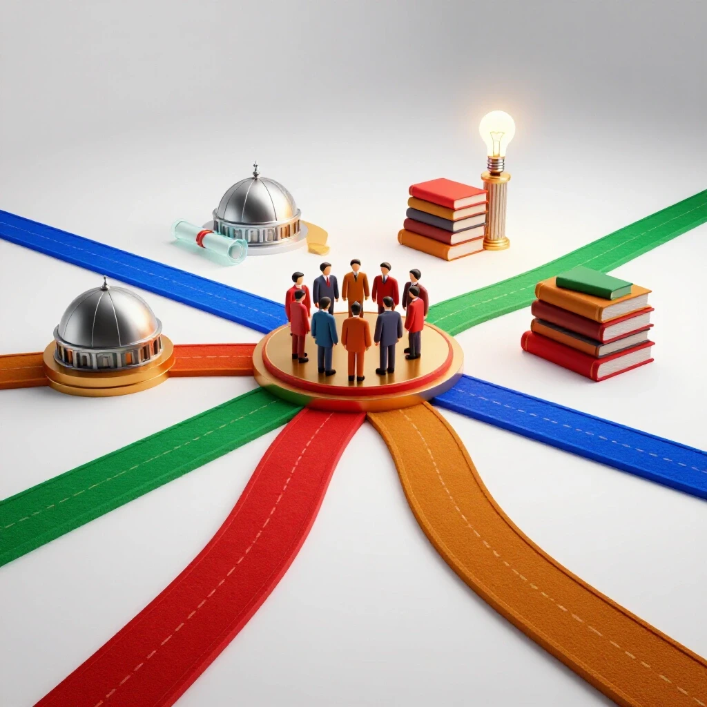 Abstract group at pathway crossroads leading to colorful academic landmarks on bright background