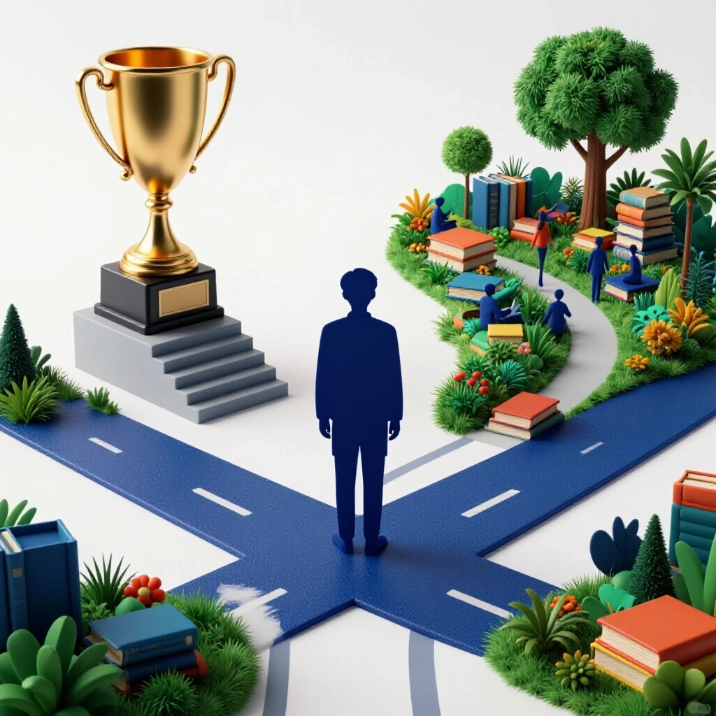 A crossroads with a trophy on a staircase to one side and a vibrant garden with books on the other, set on a bright background.