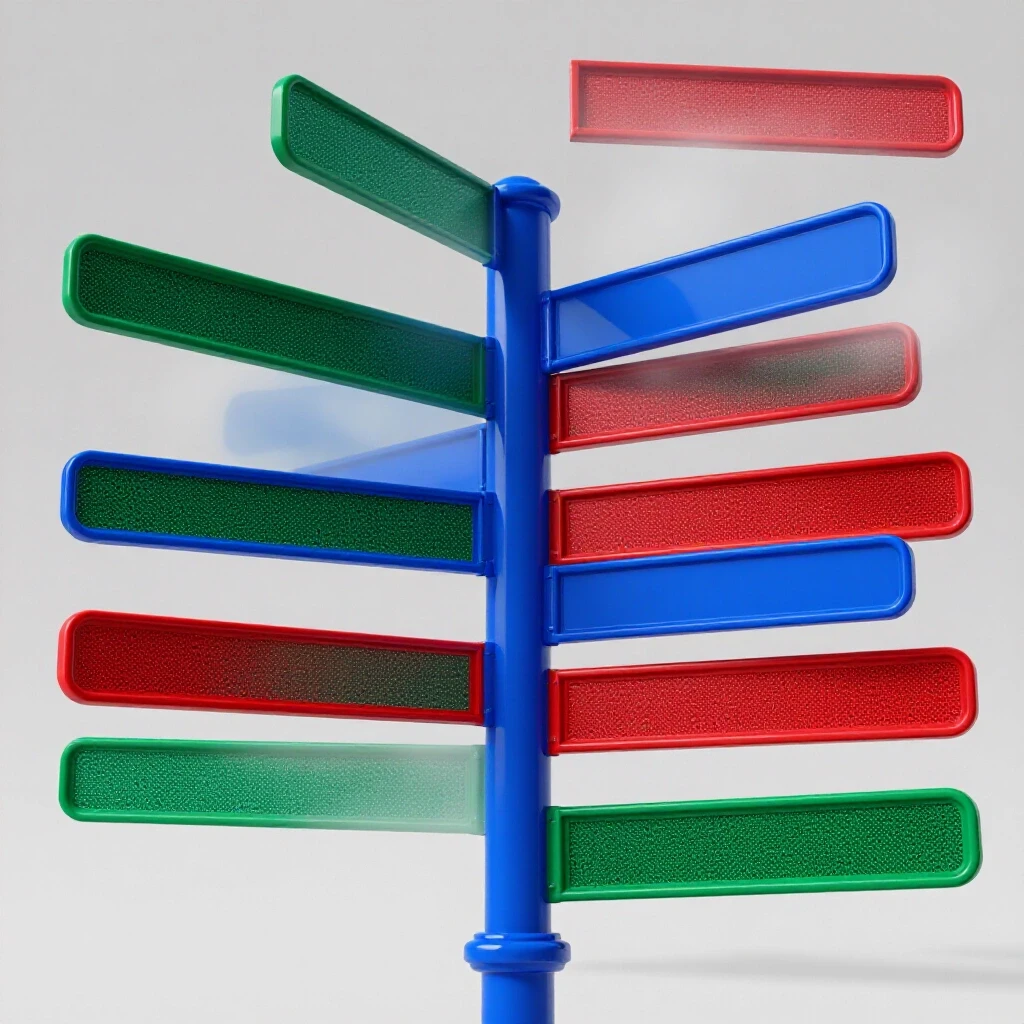 Glossy 3D crossroads signpost with one path misted over and others open on a bright studio background