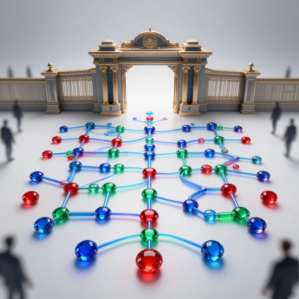 A vibrant roadmap made of glowing data points leads toward an open university gate on a bright background.