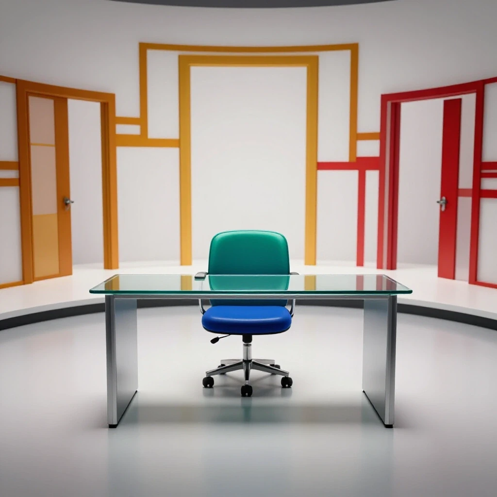 A glossy student chair and green interviewer chair facing each other at a modern desk with bright symbolic pathways in the background.