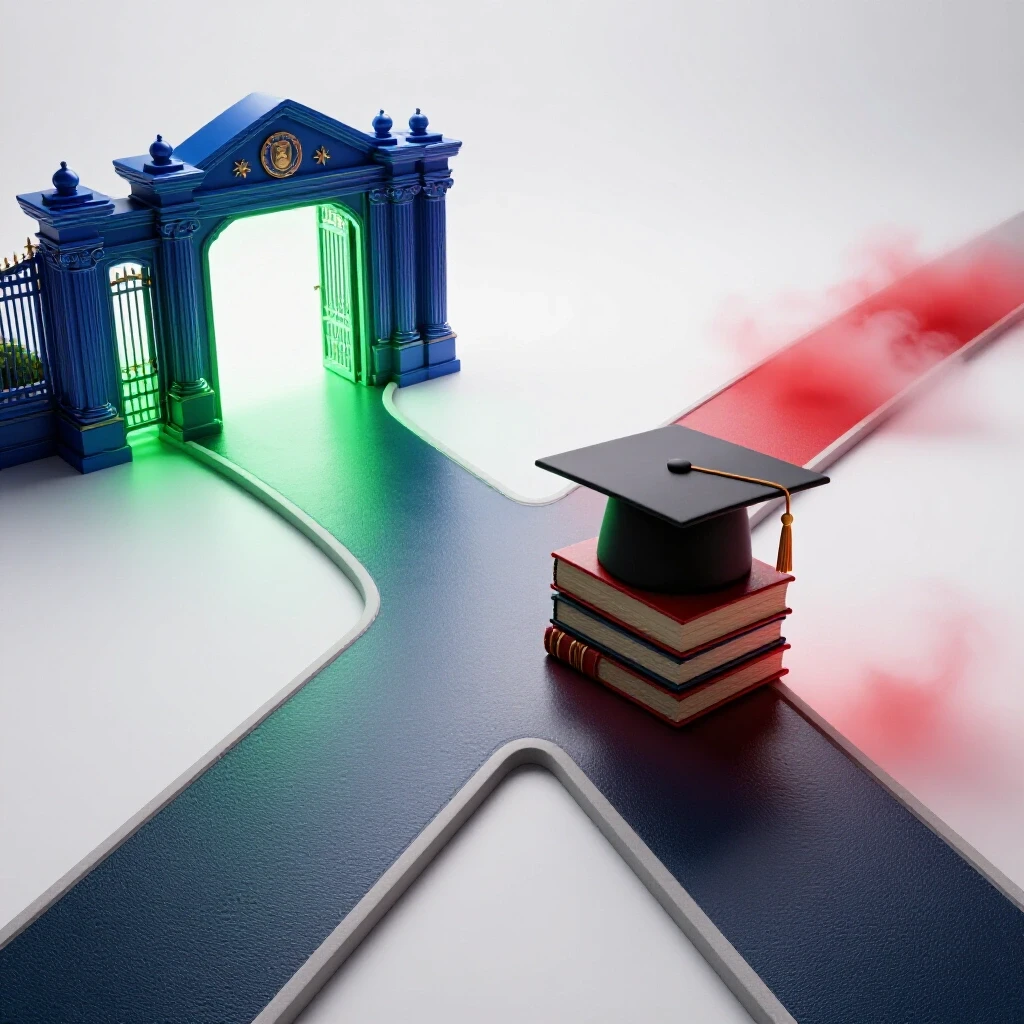 Metaphorical crossroads with a luminous university gate and a misty path symbolizing college admissions choices