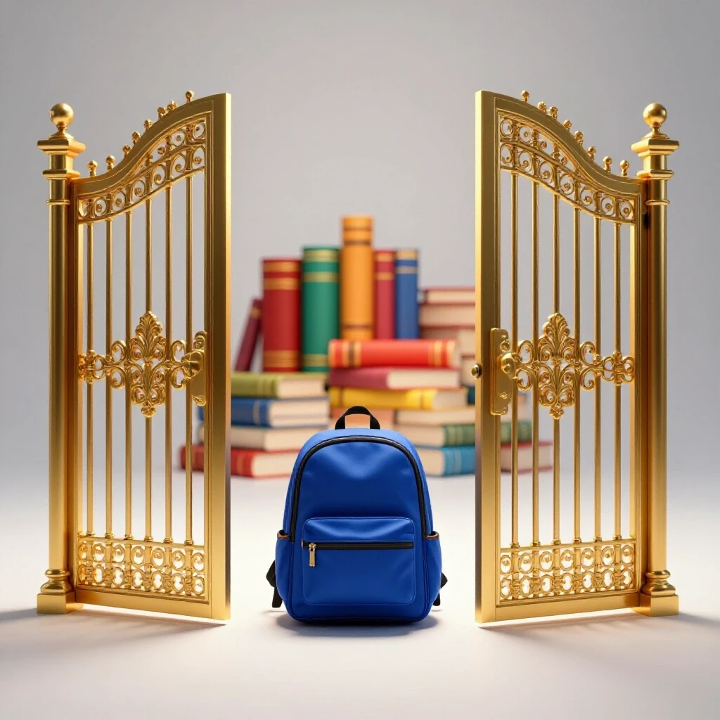 Vivid, ornate golden gate ajar with a blue backpack at the threshold and academic symbols inside, bright background