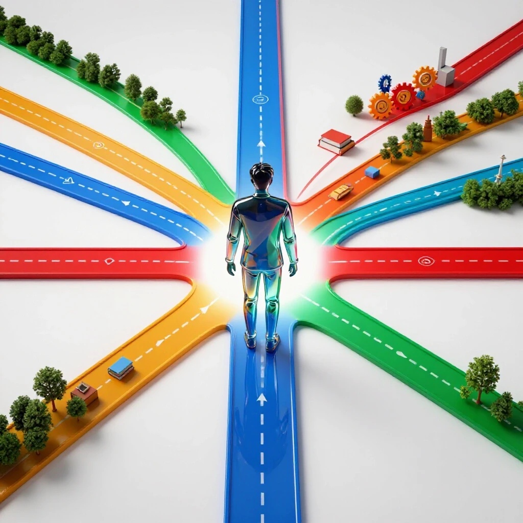 A vibrant crossroads with multiple colored paths, each leading to unique landscapes, symbolizing degree choices.
