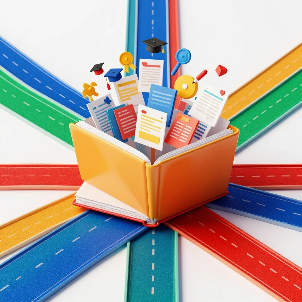 Open folder overflowing with vivid academic documents and icons at a crossroads, pathways leading to a bright horizon.