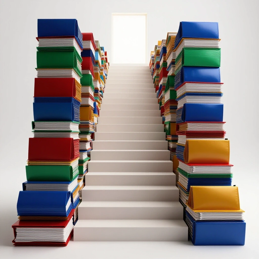 A staircase made of colorful folders and documents leads to a glowing doorway on a bright white background.