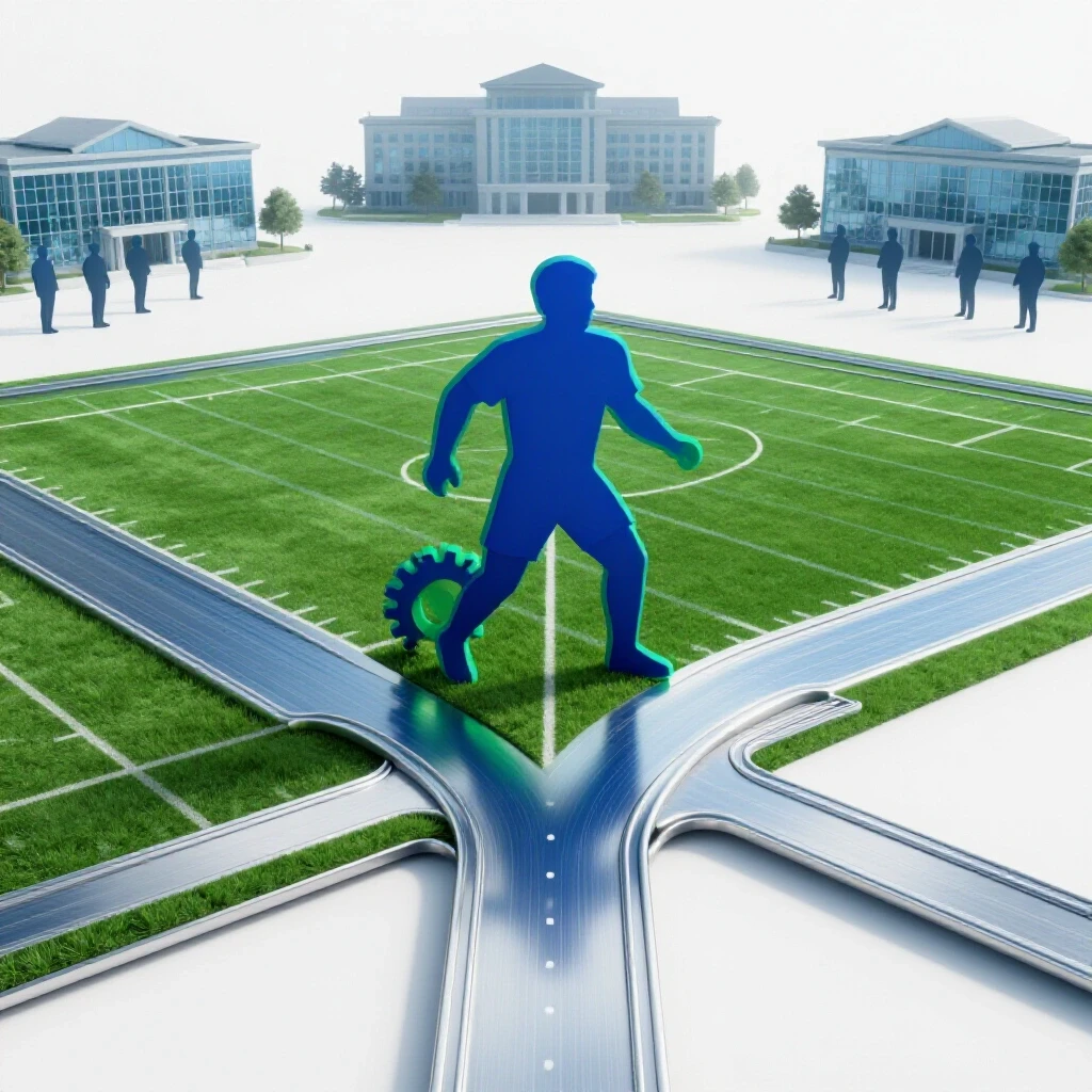 A determined athlete silhouette stands at a crossroads-shaped sports field, with distant college buildings and scouts outlined, symbolizing the journey and choices in athlete recruiting.