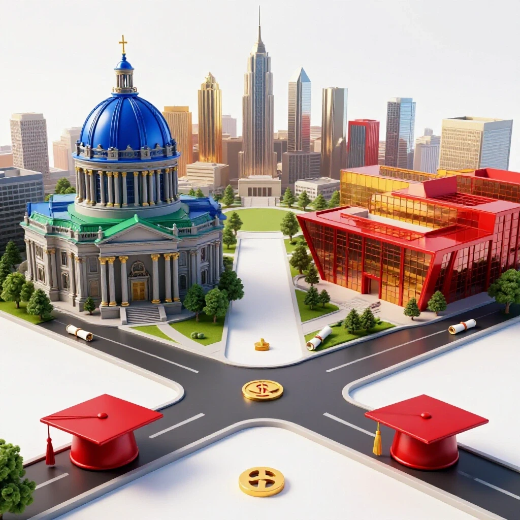 Dramatic crossroad with ornate university and modern campus leading toward a city skyline of opportunity.