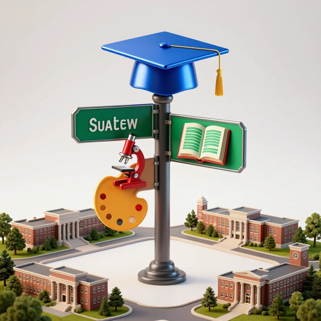 Central crossroads featuring vibrant college landmarks and academic icons on a bright white background