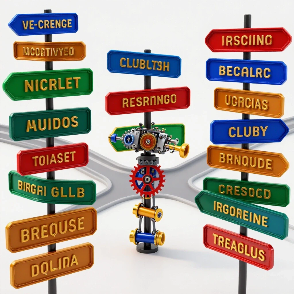 Multiple colorful club banners and symbolic objects at a crossroads on a bright, luminous background.