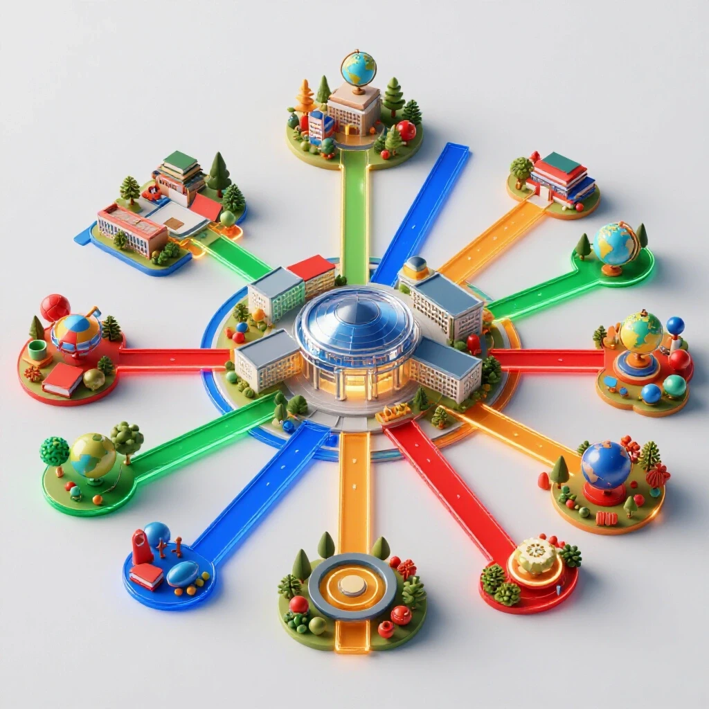 Vivid campus hub with glowing, colorful pathways connecting diverse student activity clusters on a bright background.