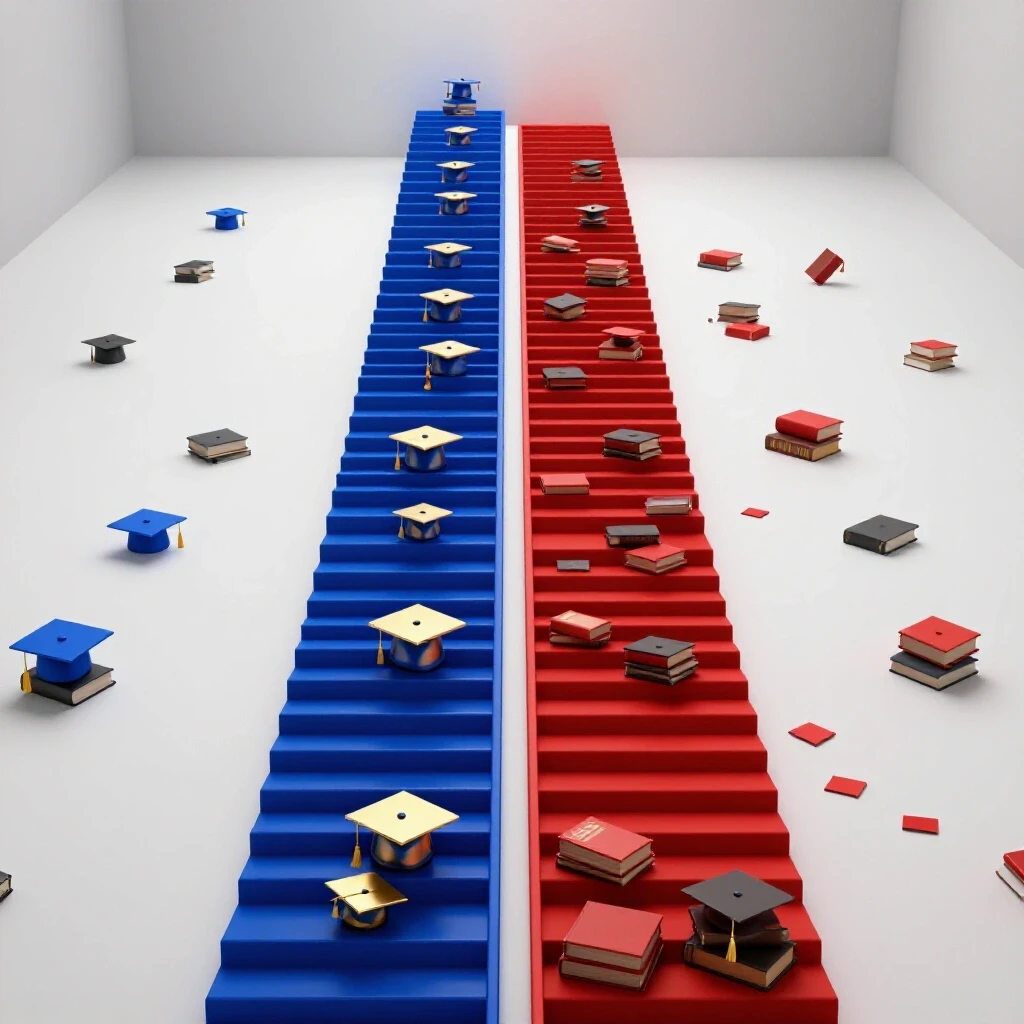 Split 3D scene with one vibrant staircase lined with graduation caps and a dim, obstacle-filled pathway symbolizing income-based college completion contrasts.