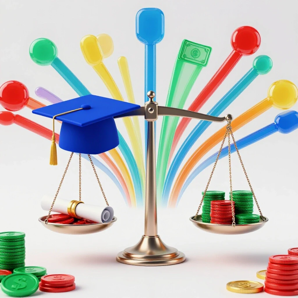 Balance scale with graduation cap and diploma weighing against colorful money stacks, career pathways branching outward, set on a bright background.