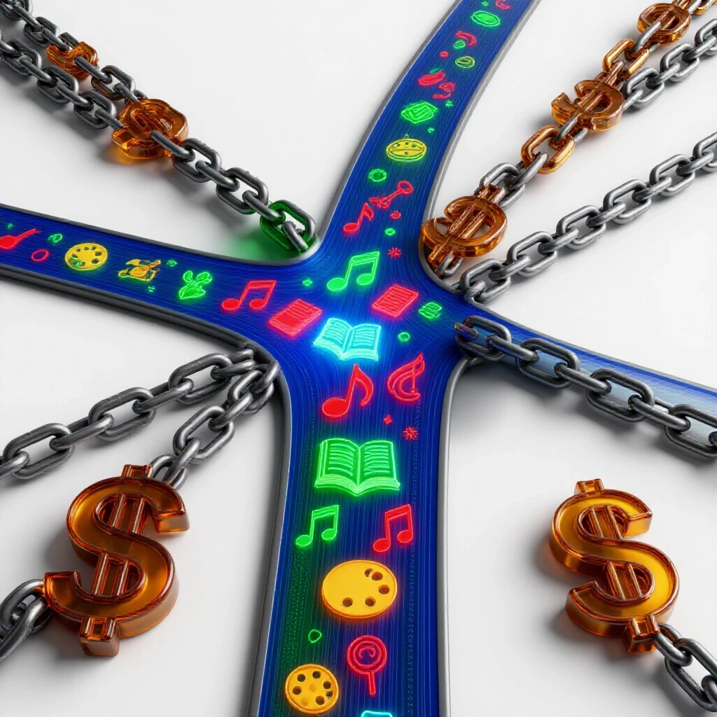 A crossroads with vibrant icons of creative passions glowing on one path and heavy dollar-sign chains on the other, set in a bright white studio environment.