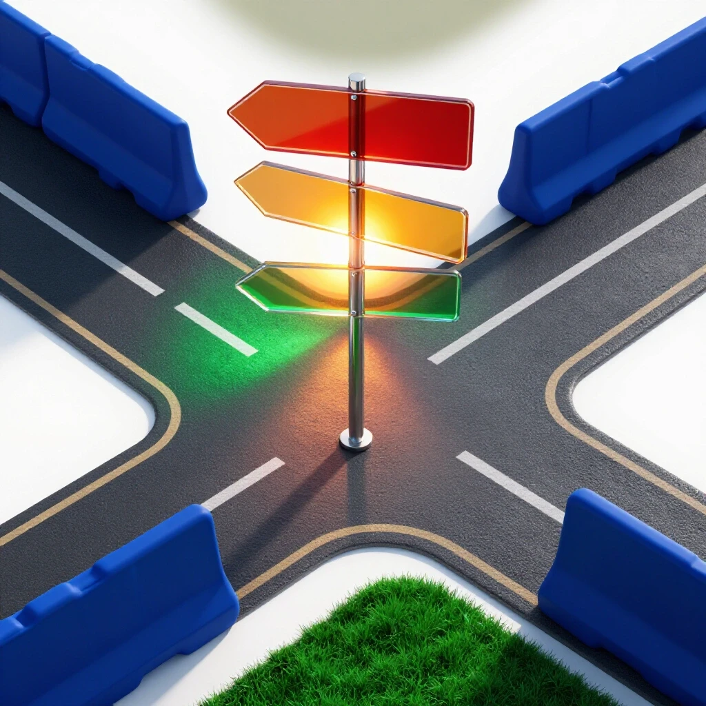 A crossroads scene with one road blocked and another leading to a sunrise, enhanced by vivid colors and symbolic objects.