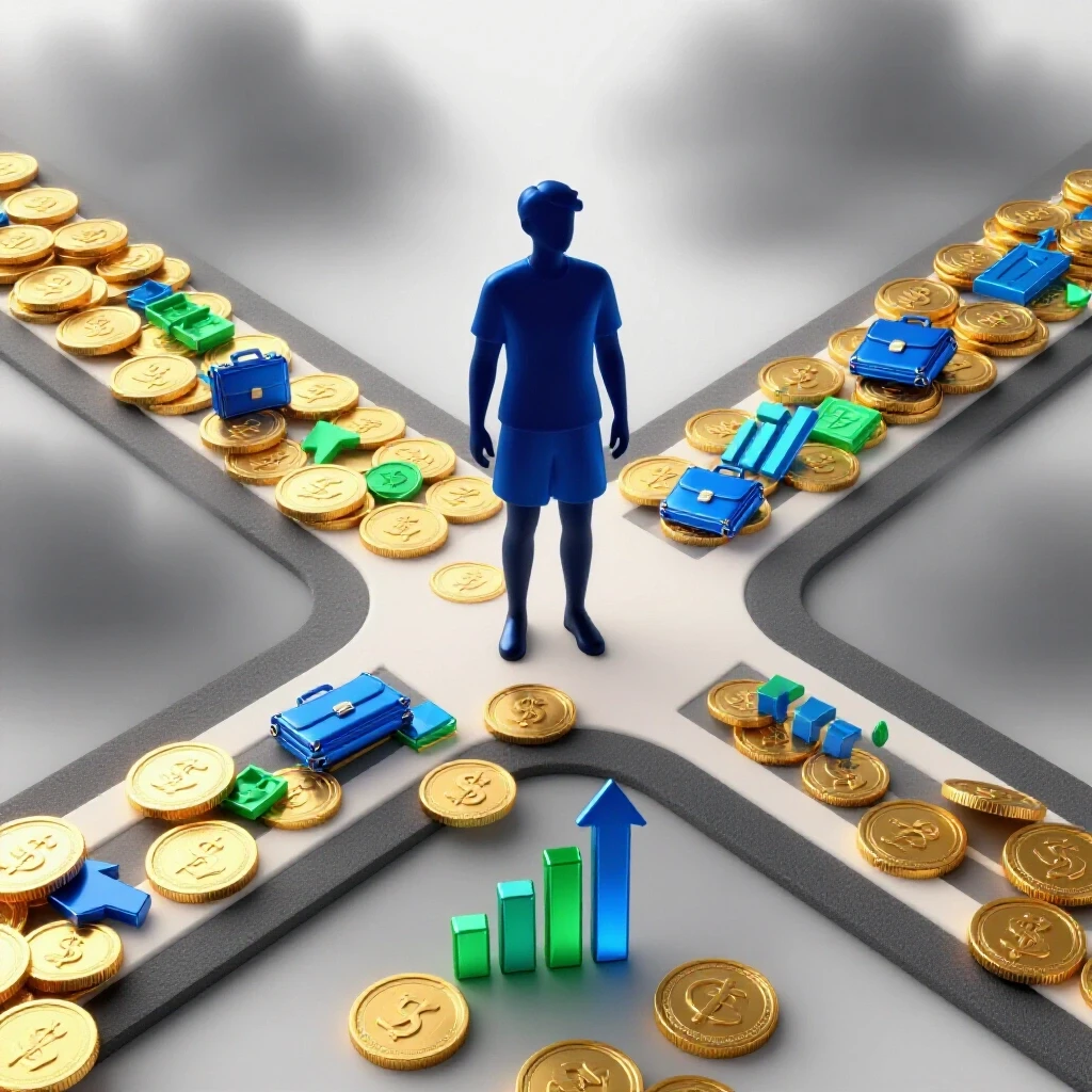 A crossroads scene with a central student silhouette, one path lined with gold coins and career icons, the other fading into uncertainty, set on a bright clean background.