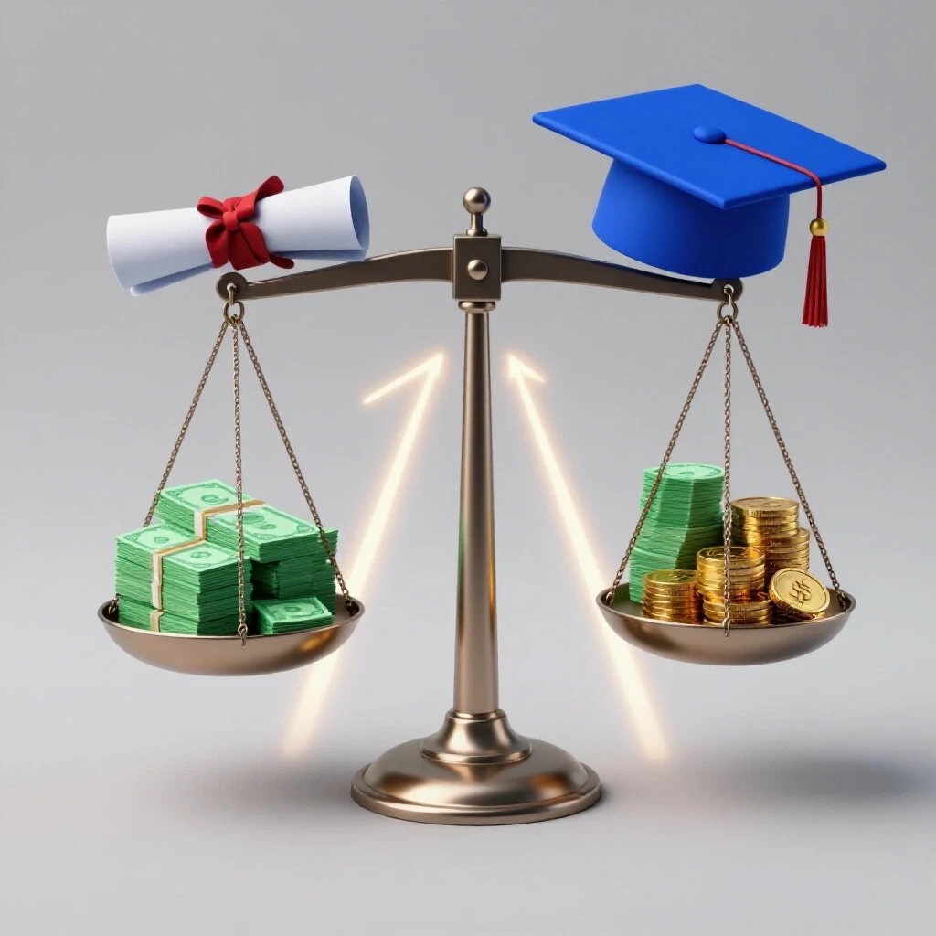 Balancing scale with graduation cap and diploma on one side, money stacks on the other, against bright diverging paths