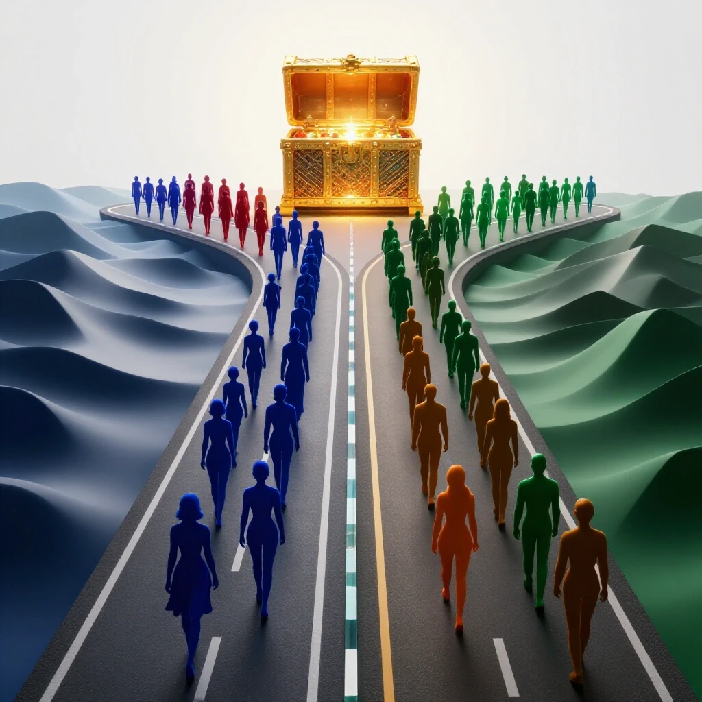 Split path with female and male silhouettes facing unique challenges, each toward a glowing treasure chest symbolizing ROI.
