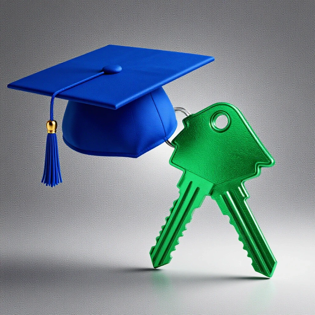 Graduation cap seamlessly transforming into a vibrant house key on a bright studio background