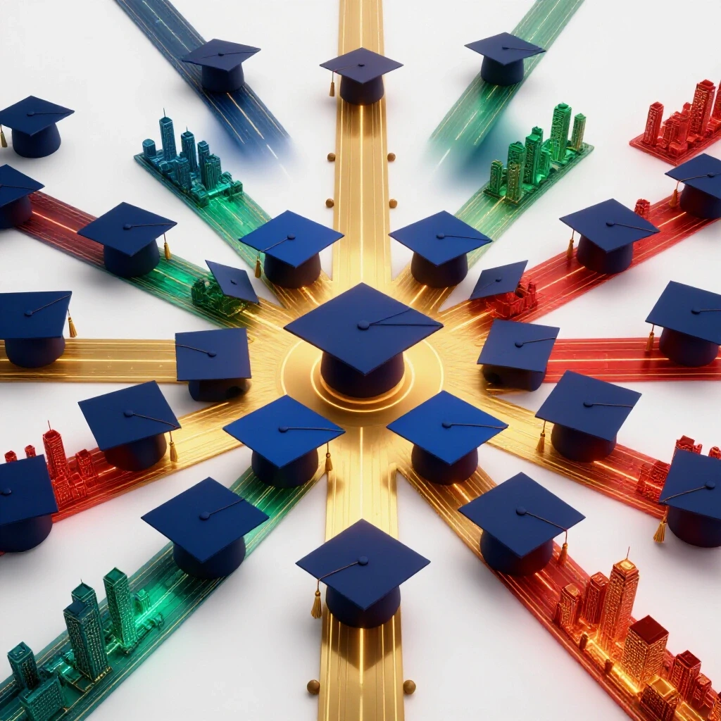 Glossy graduation caps at a crossroads with vivid, gold-lit paths leading to vibrant cityscapes on a bright background.