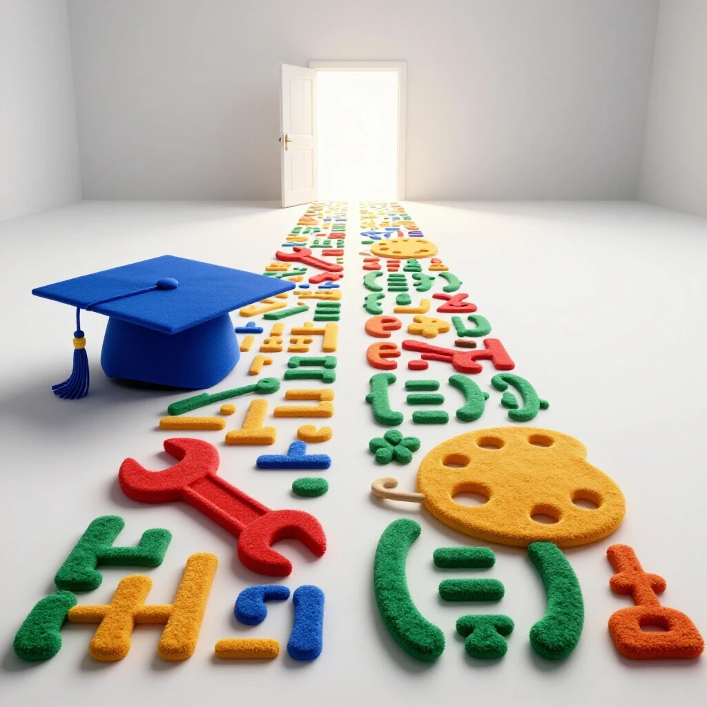 Split pathways with a graduation cap and alternative career tools converging on a bright opportunity.