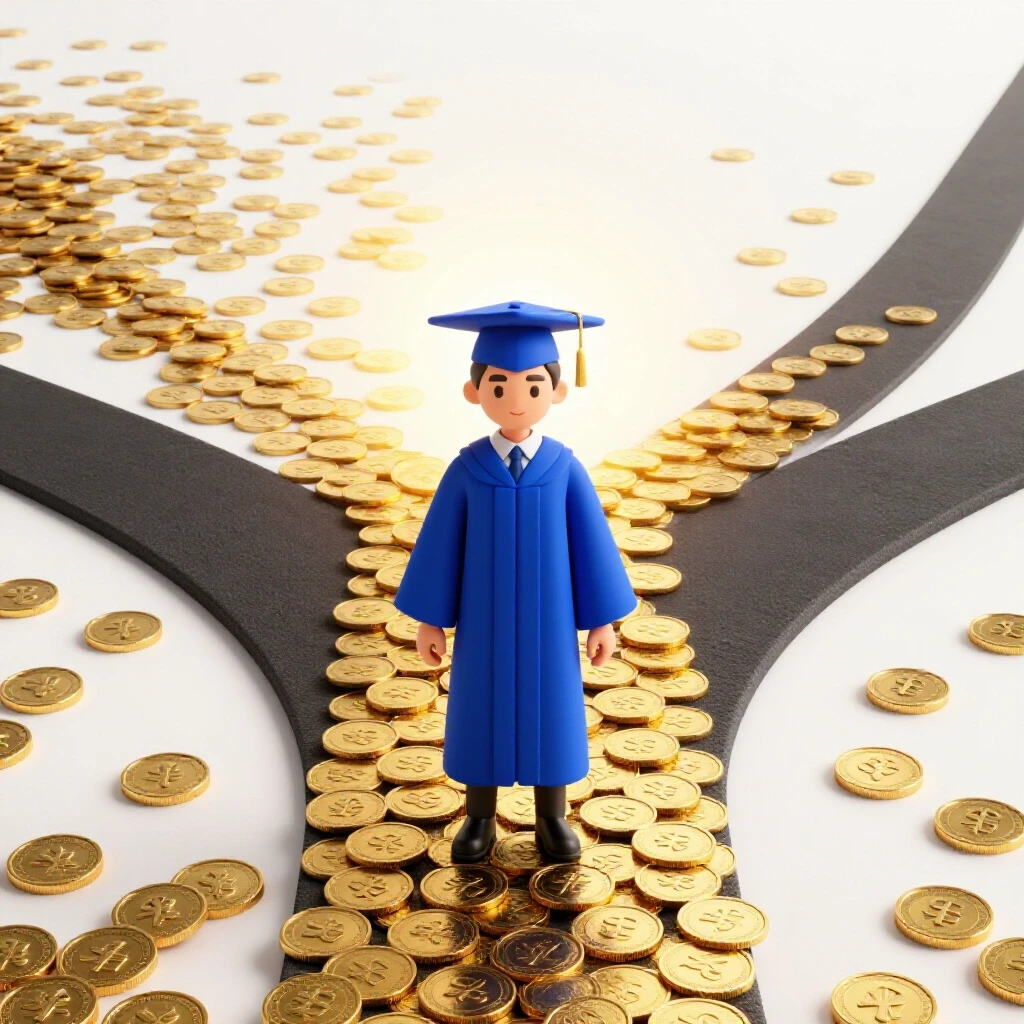 A graduate in a blue cap and gown stands at a crossroads, one path paved with coins toward a bright horizon.
