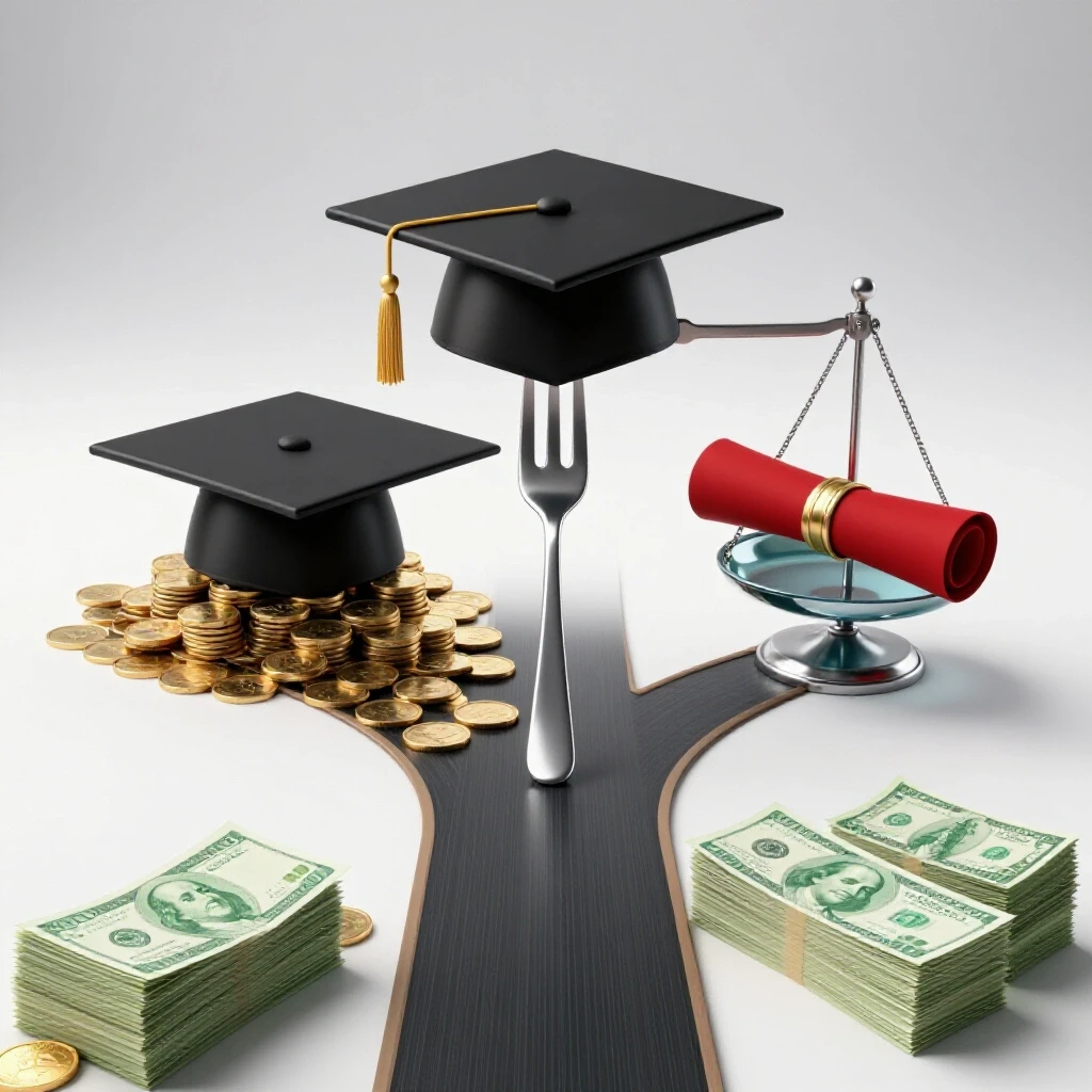 Forked pathway leading to a graduation cap on coins and a diploma balancing against money on a scale, symbolizing college ROI decisions