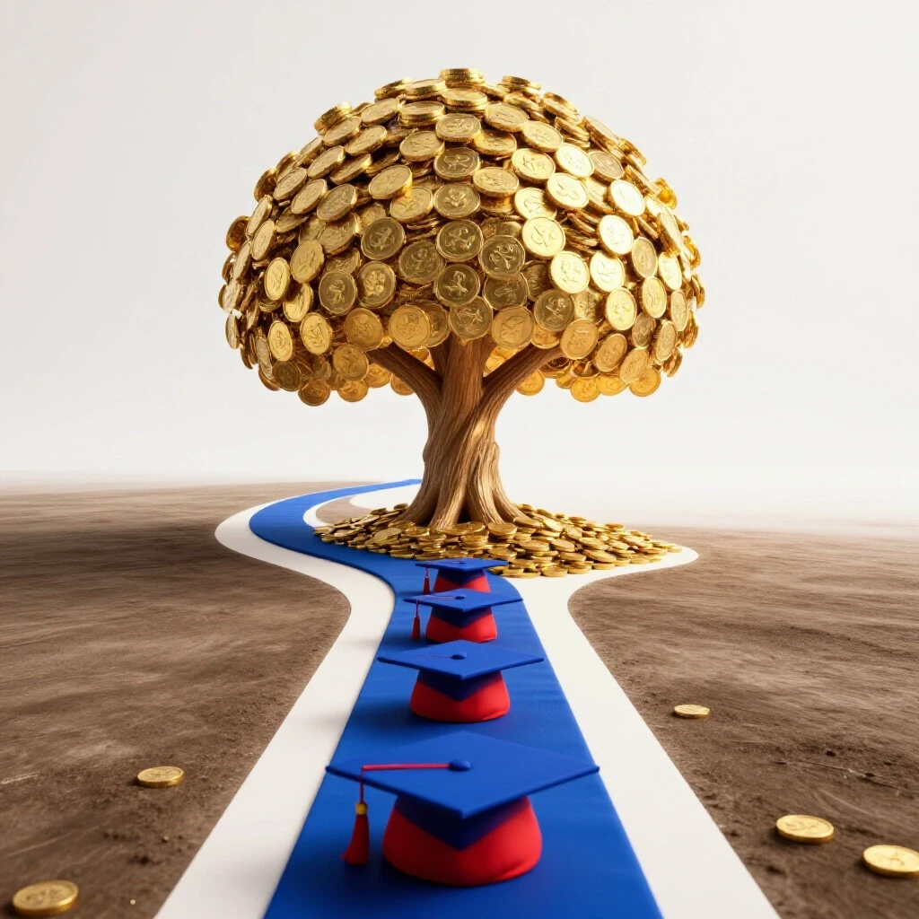A winding path of graduation caps leads to a flourishing golden coin tree, while a barren path fades away, representing diverging retirement outcomes.
