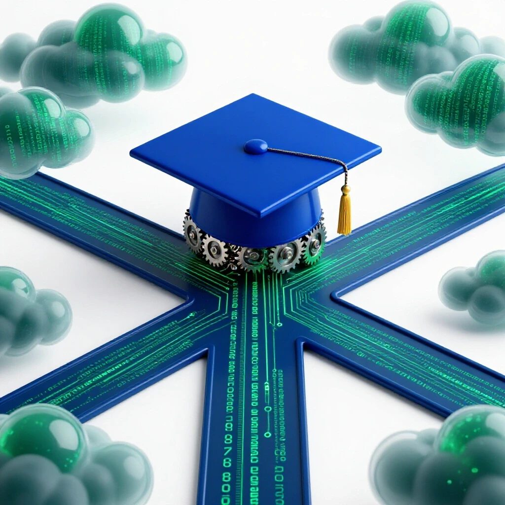 Dramatic crossroads with a graduation cap, gears, and circuitry on one side, digital code clouds on the other