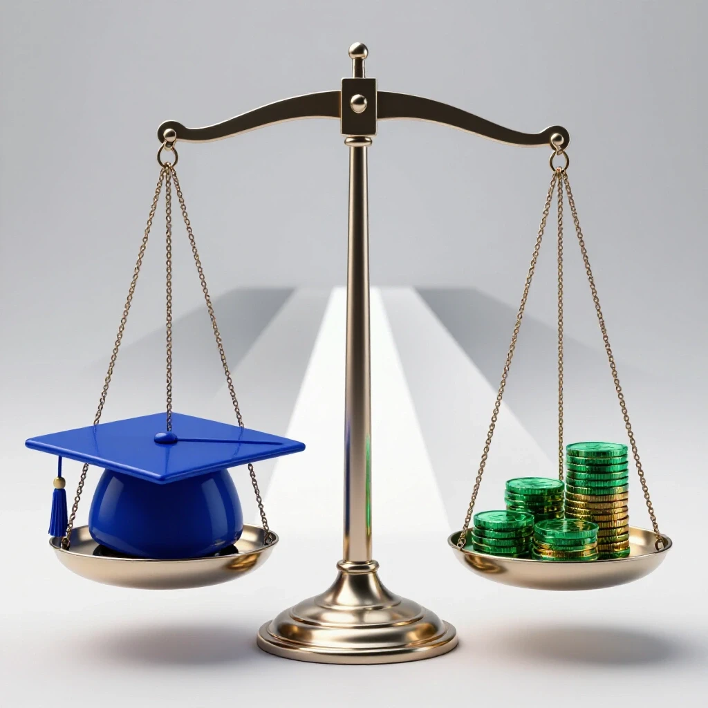 Balance scale with a graduation cap on one side and stacks of money on the other, set against diverging paths symbolizing different futures.