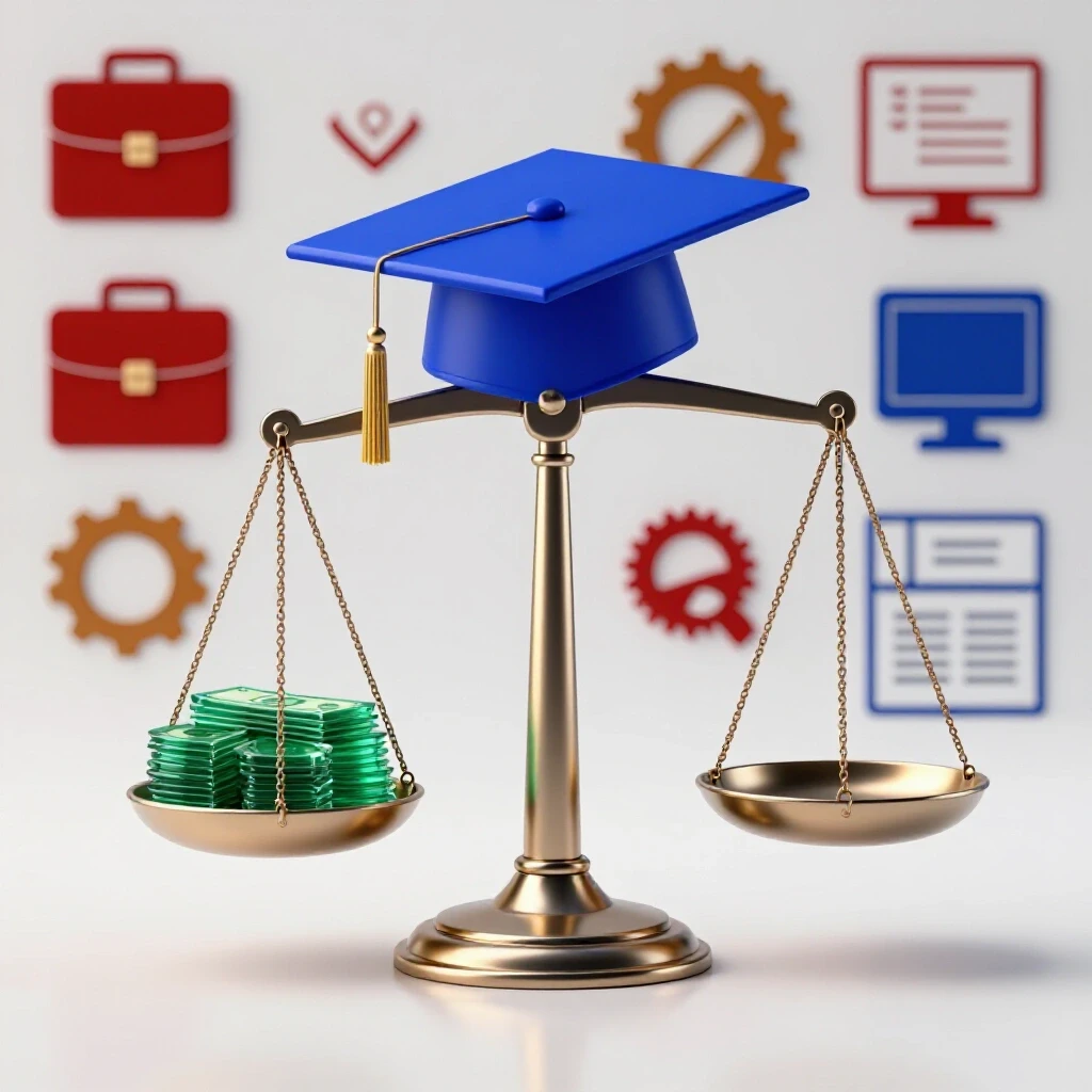 Balance scale with graduation cap on one side and stacked cash on the other, surrounded by career icons.