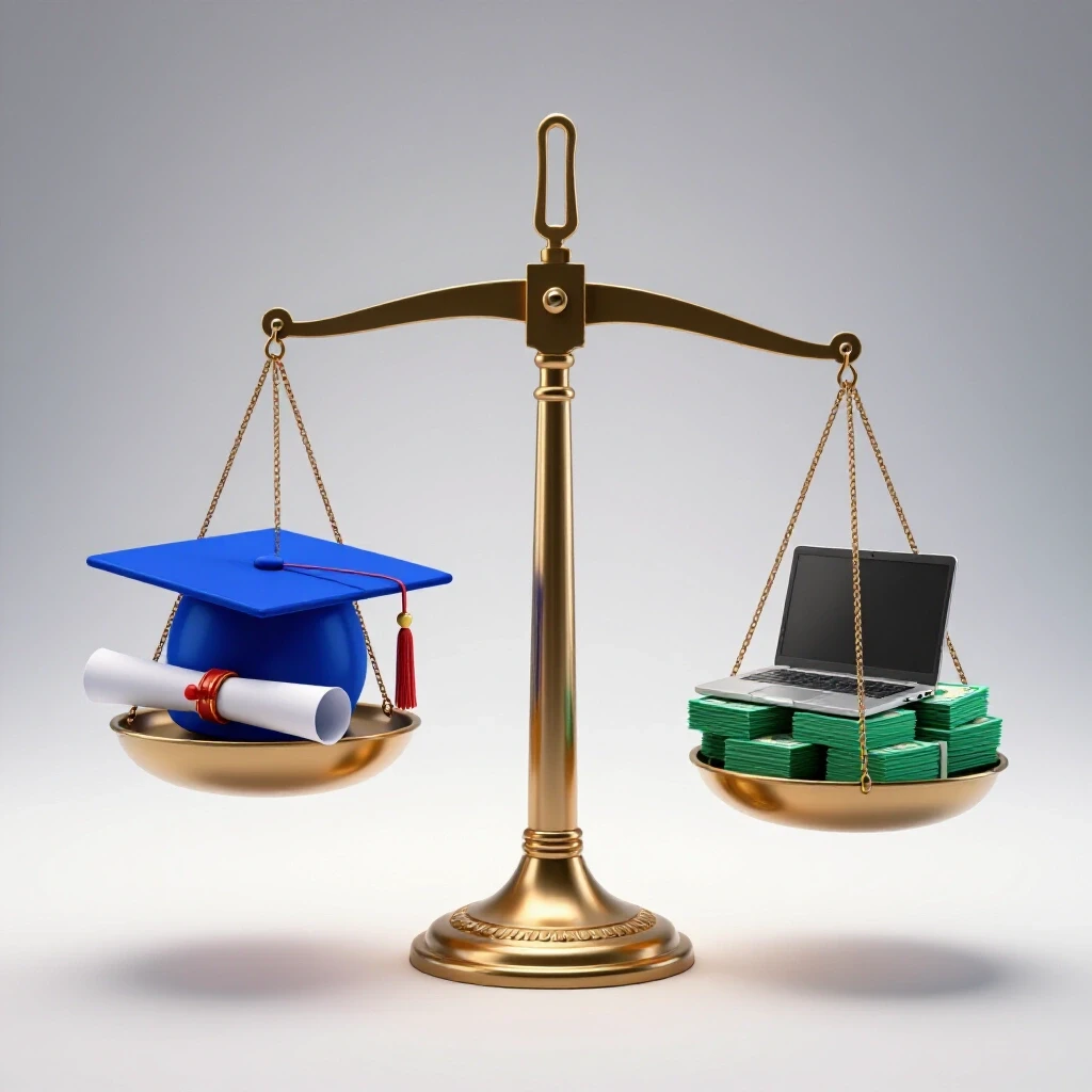 Balancing scale centered on bright background weighing a graduation cap and diploma against cash and career tools