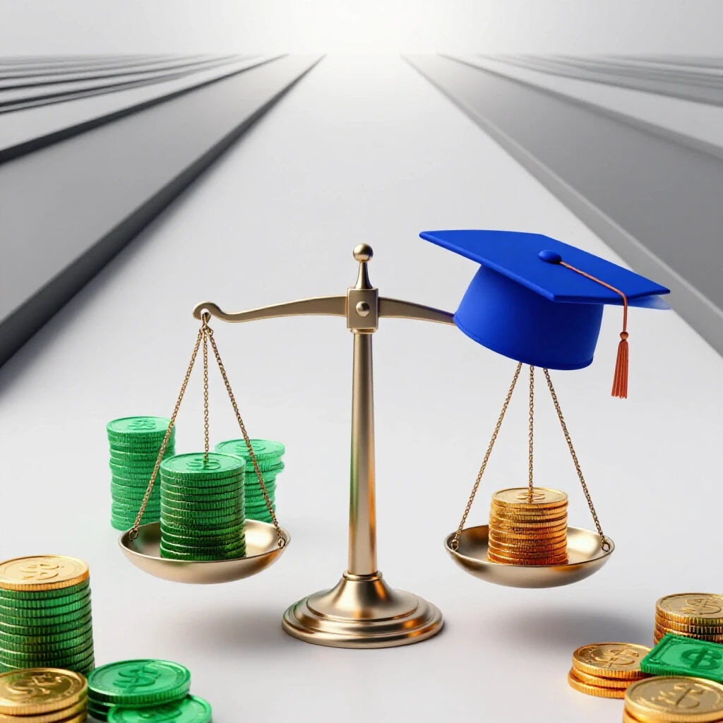 Balanced scale with a graduation cap on one side and stacks of money on the other, intersecting pathways in a bright studio setting.
