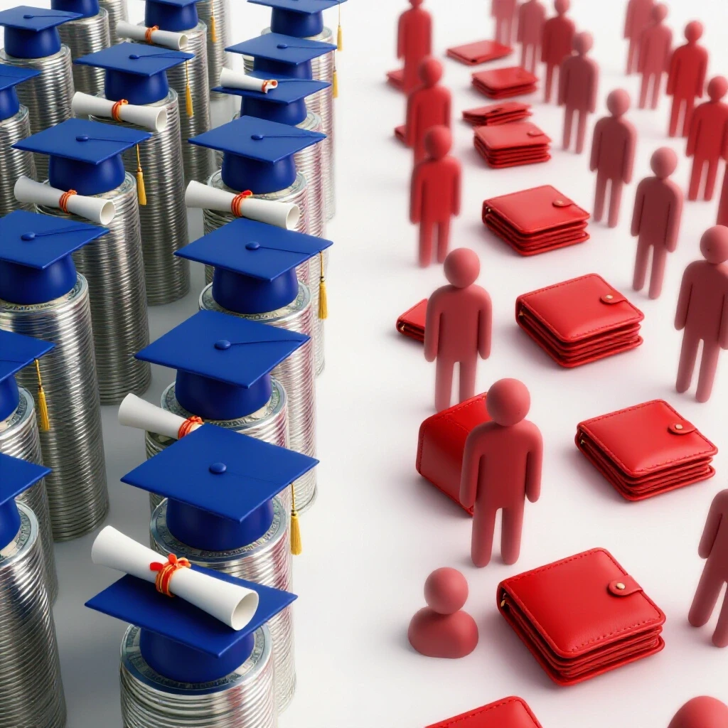 Split path with diplomas and money stacks on one side contrasted by empty wallets and uncertain figures on a clean white background