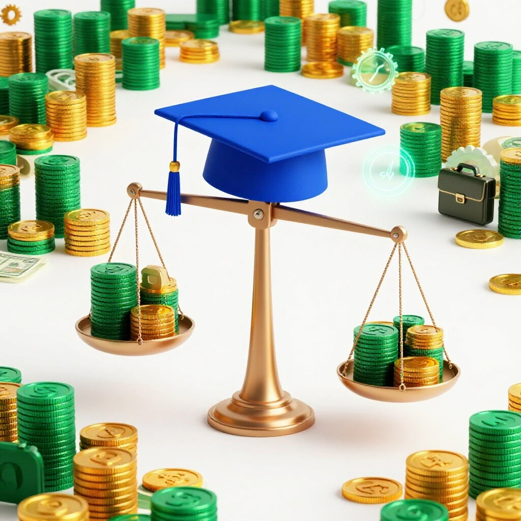 A balance scale with a graduation cap on one side and stacks of cash and career icons on the other, set against gears and math formulas.