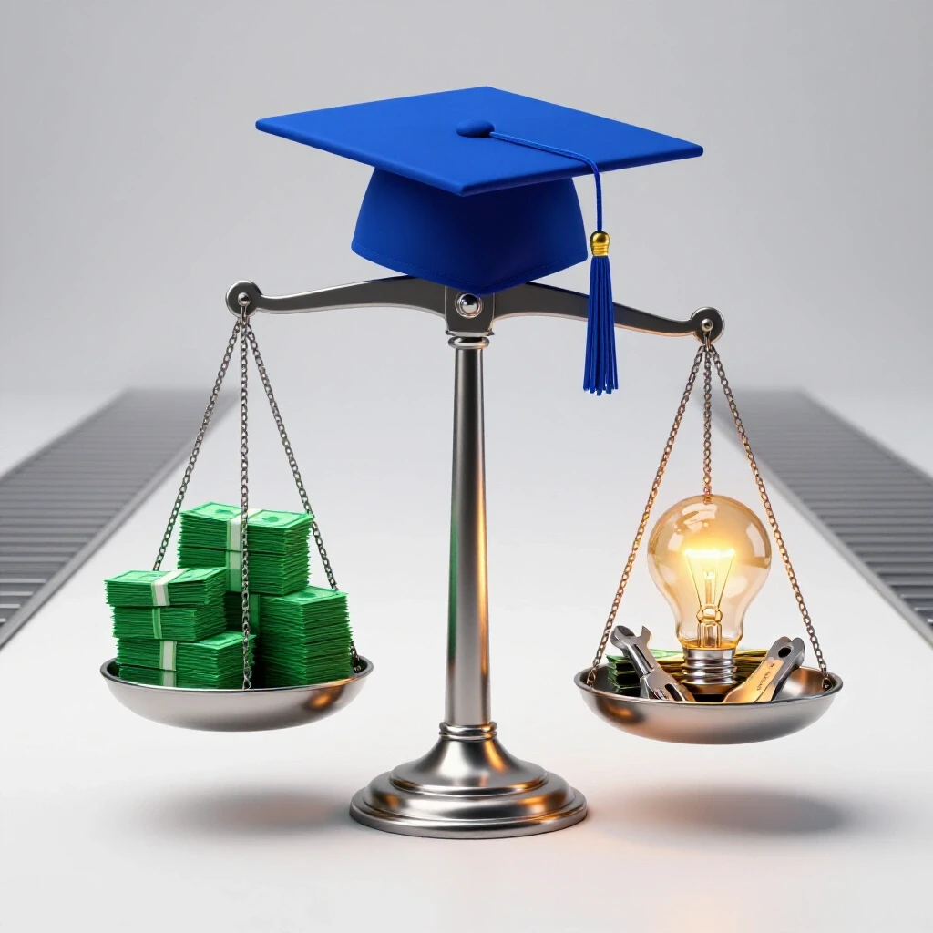 Balanced scale with a graduation cap on one side and stacks of cash, tools, and a glowing lightbulb on the other, set against bright studio background with diverging pathways.