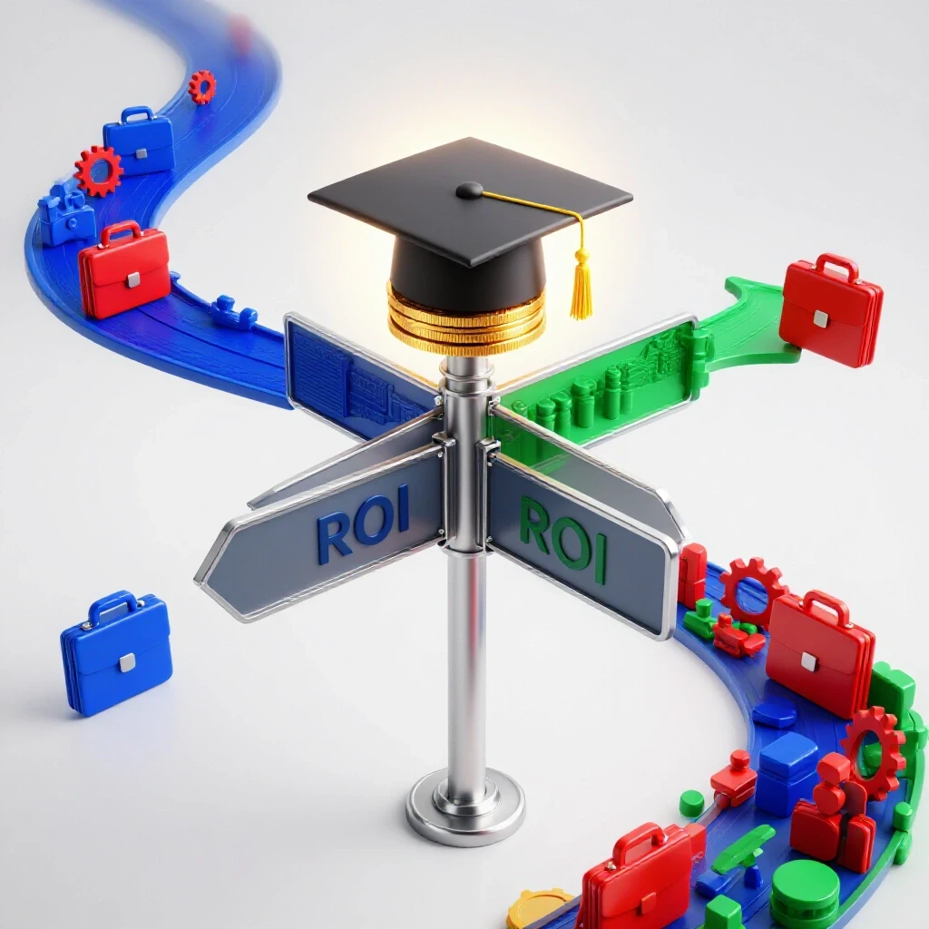 A crossroads signpost on a bright background where one path leads to a graduation cap on gold coins and the other to bold career icons.