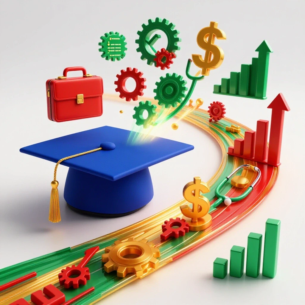 Graduation cap transforming into a glowing pathway of career icons and financial symbols in a bright scene.