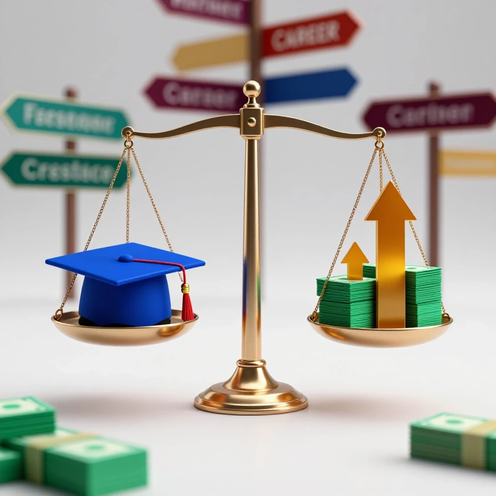 Balancing scale with graduation cap and diploma versus cash stacks and arrows, career path signs in background.