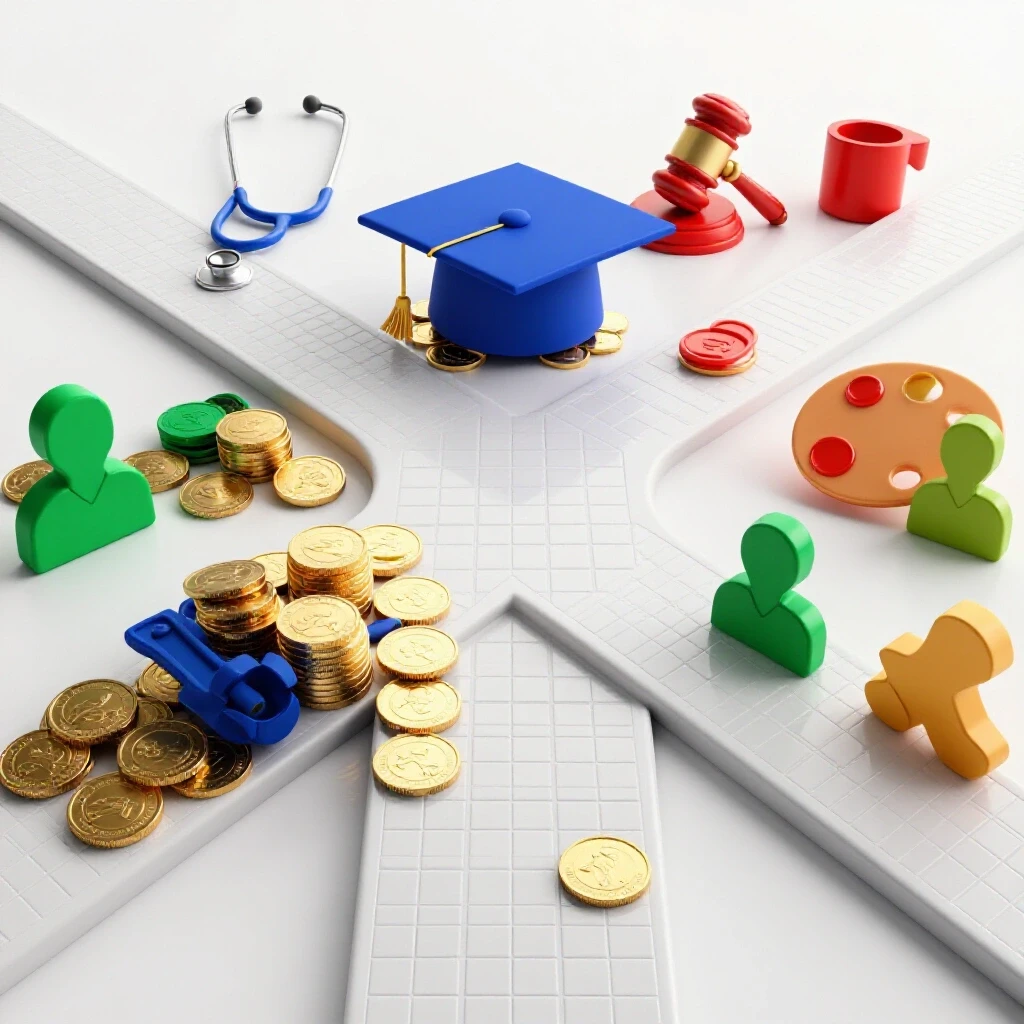 A crossroads with one path leading to a pile of coins and a graduation cap, the other to vivid career symbols, on a bright white studio background.