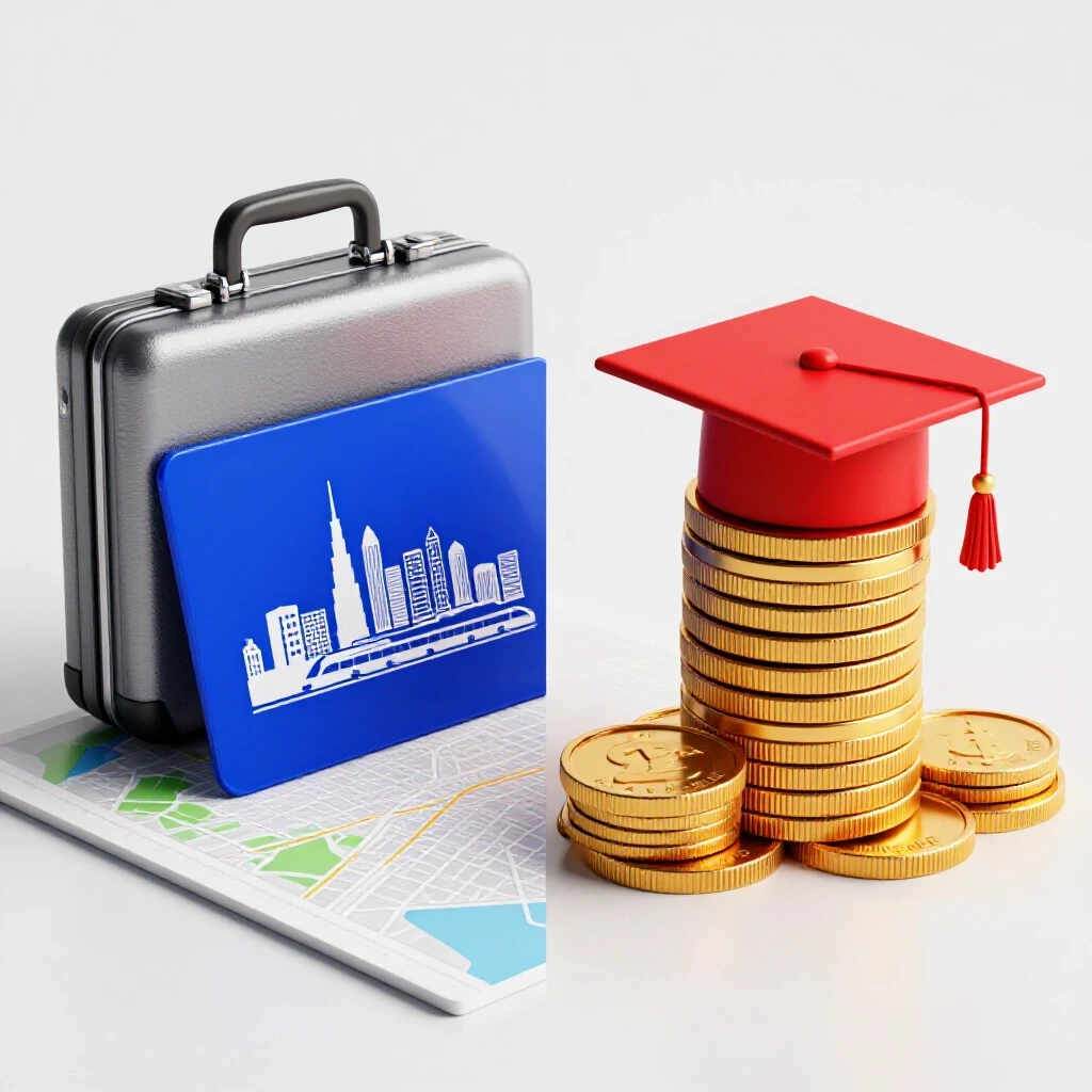 Split scene showing a commuter's briefcase and city transit card contrasted with stacked gold coins and a graduation cap, highlighting college ROI for commuters.