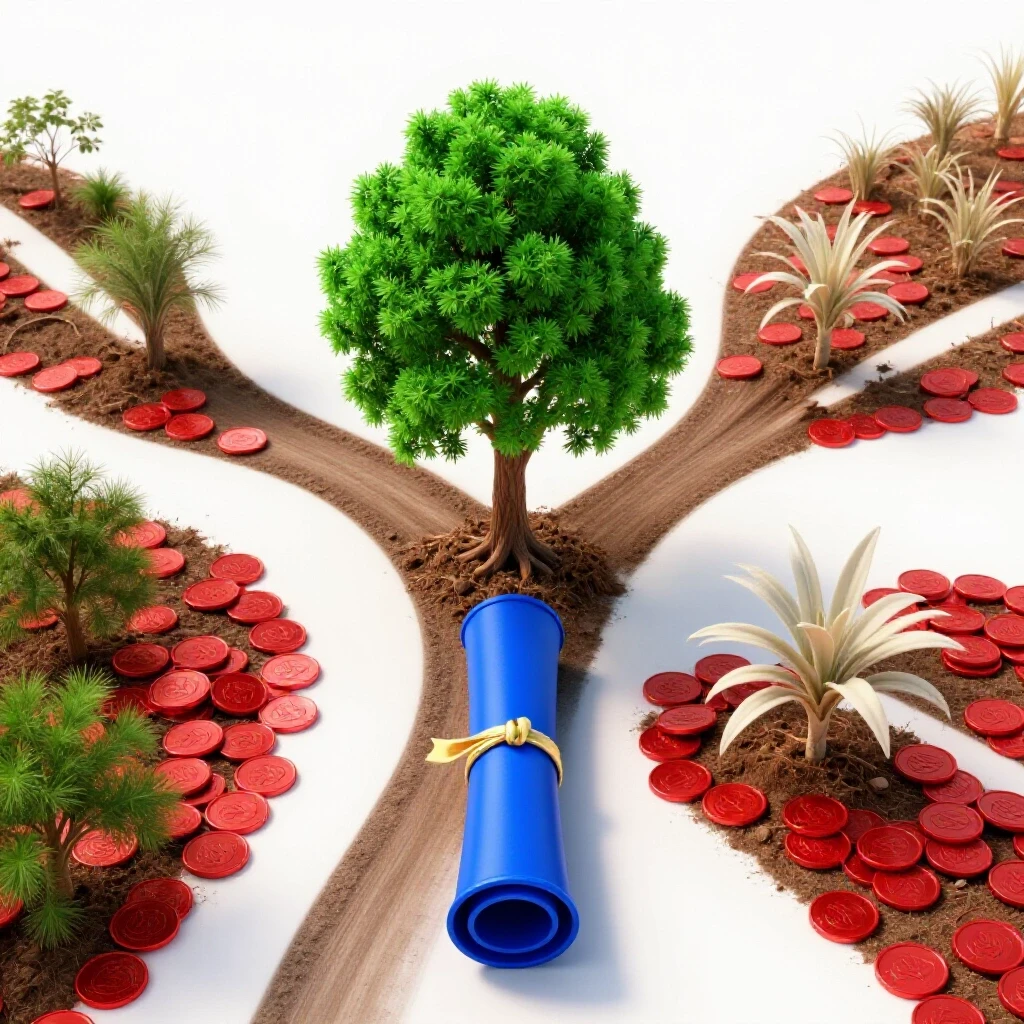Forked path with a healthy tree growing from a diploma on one side and a withered plant with scattered coins on the other, on a bright white background.
