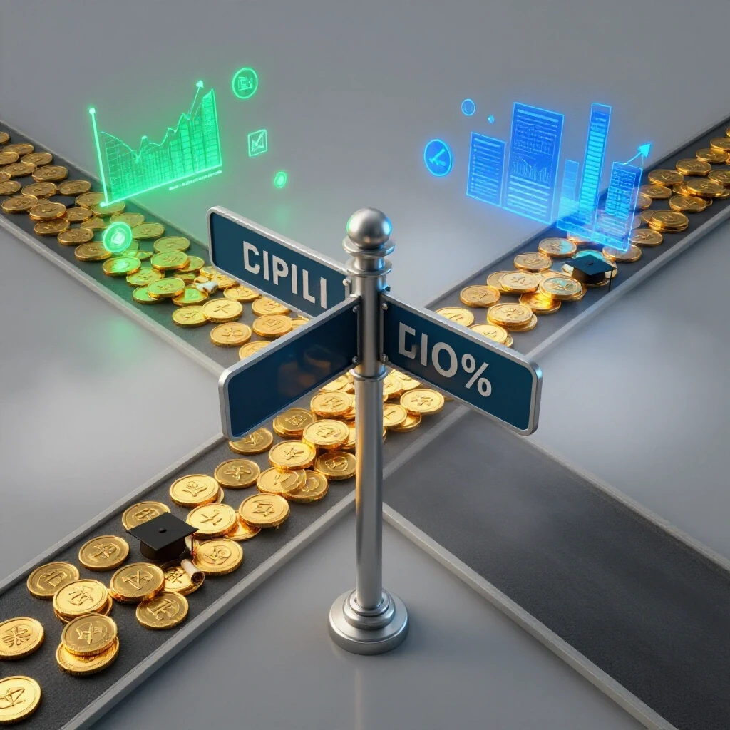 A crossroads with one path paved in gold coins and academic icons, and another fading into uncertainty, illuminated by floating data graphs.