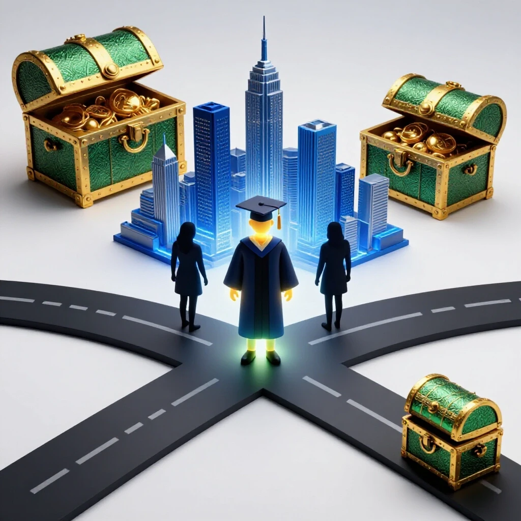 Glossy 3D crossroads featuring a graduate between city skyline and treasure chest, surrounded by parental figures.