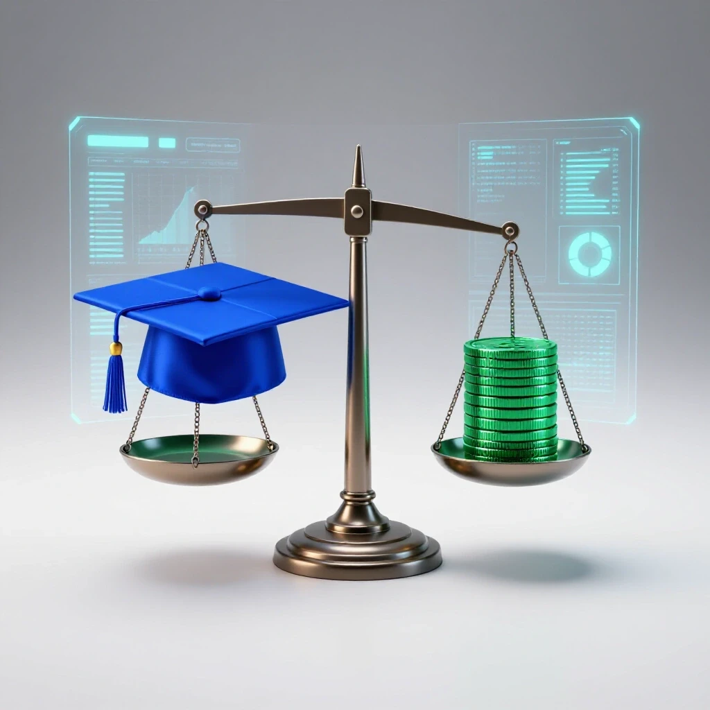 A balanced scale with a graduation cap and stacks of coins, set before a digital dashboard with data graphs.