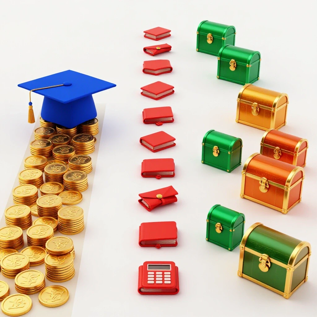 Split pathway showing a graduation cap leading to gold coins and academic symbols branching to treasure chests on a bright background.