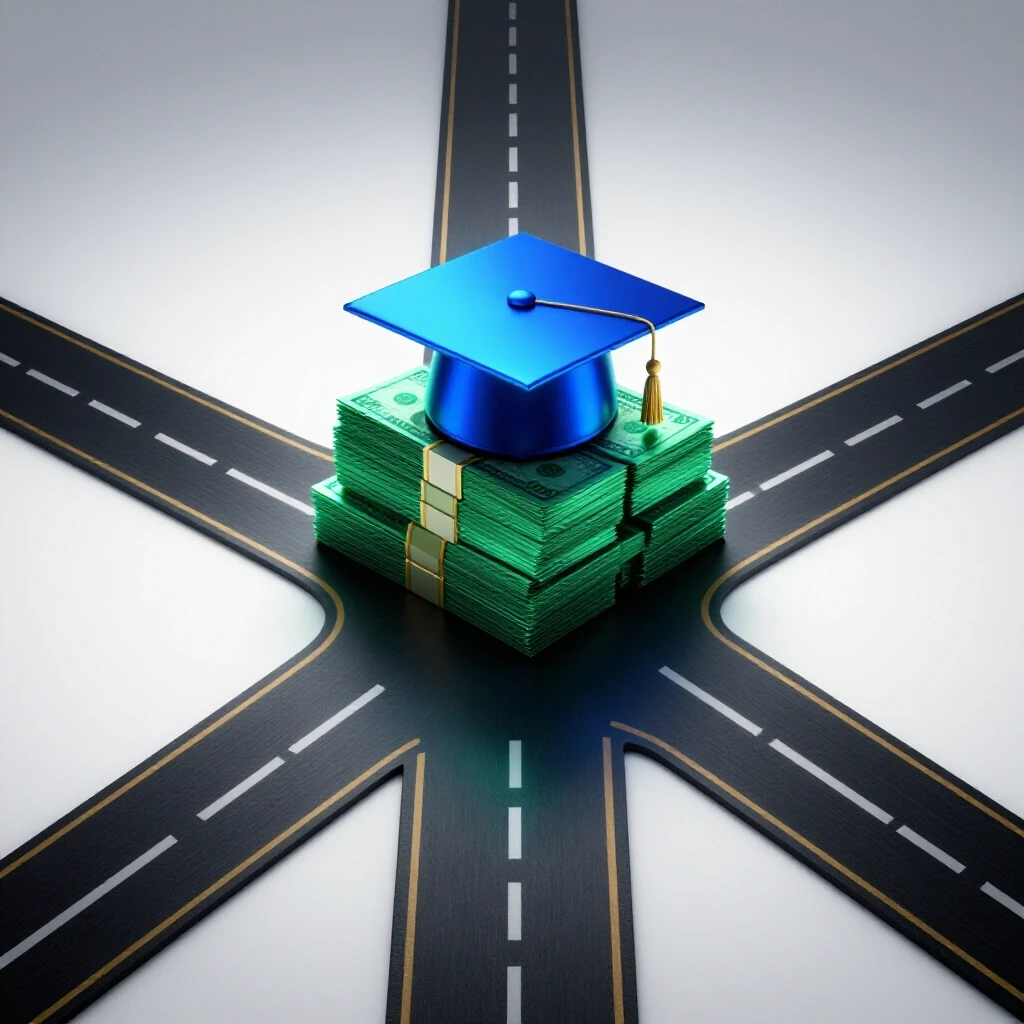 A crossroads splits between a glowing graduation cap with money and a shadowy path symbolizing dropout risk