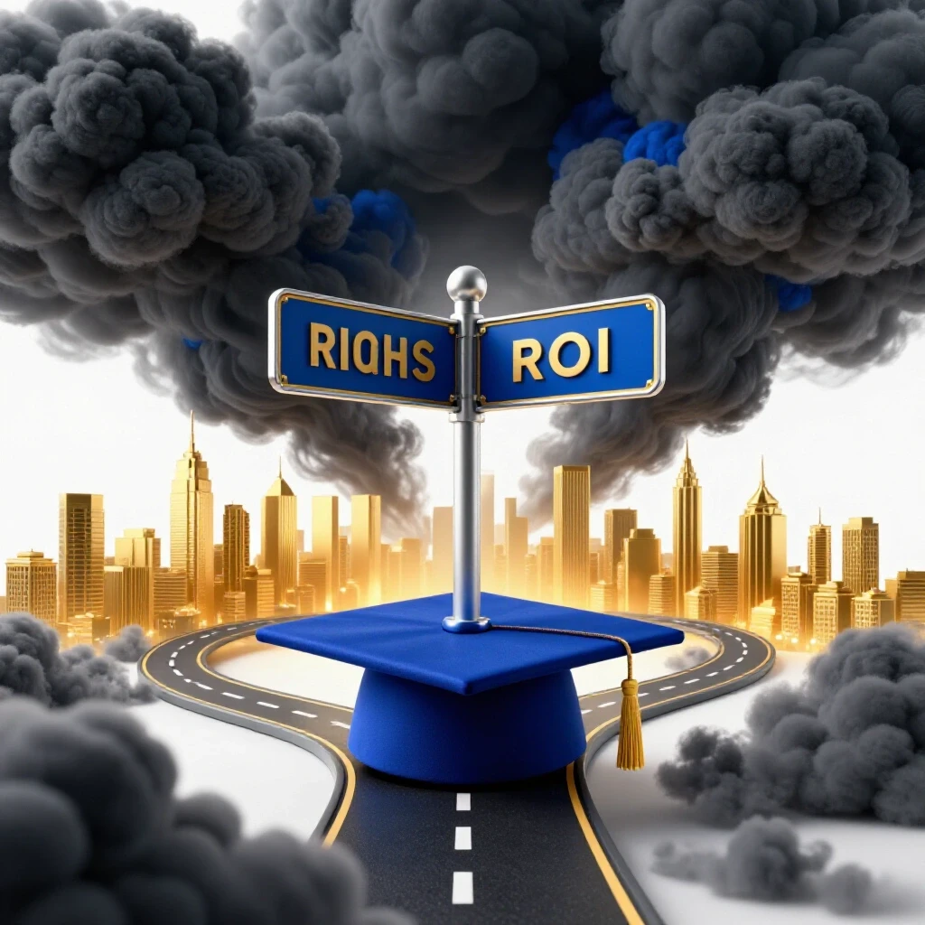 Graduation cap at a crossroads with one path heading into stormy clouds and another toward a glowing city skyline, symbolizing decision under uncertainty.