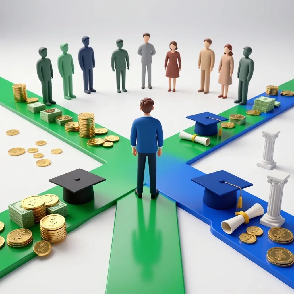A young adult at a crossroads with one path showing money symbols, the other graduation icons, watched by abstract family figures.